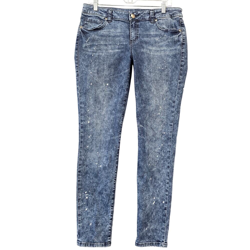 CAbi Blue Skinny Jeans Acid Wash Stretch Grunge Splattered Denim Women's 10 Zip